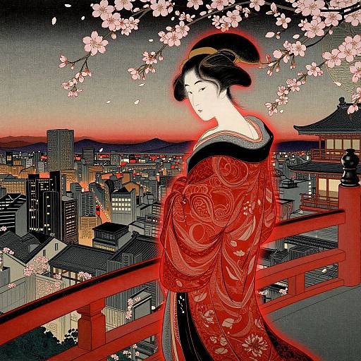 Digital artwork of a serene Japanese woman in a red floral kimono, standing on a balcony, overlooking a cityscape at sunset, with cherry blossoms