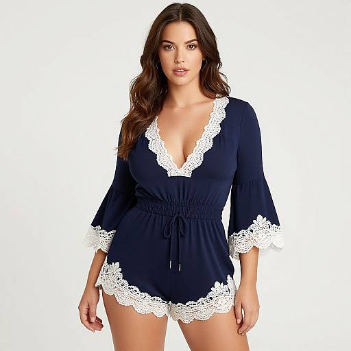 Photograph of a curvy woman with long brown hair, wearing a deep blue, lace-trimmed, V-neck romper, standing against a