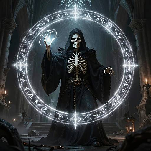 Digital artwork of a skeletal figure in a dark hooded robe casting a glowing magic circle with runes and stars in a Gothic cathedral.