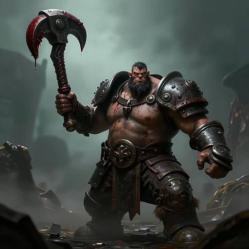 Digital artwork of a muscular, bearded barbarian with blood-stained, double-headed axe, wearing dark armor, standing in a foggy, ruined