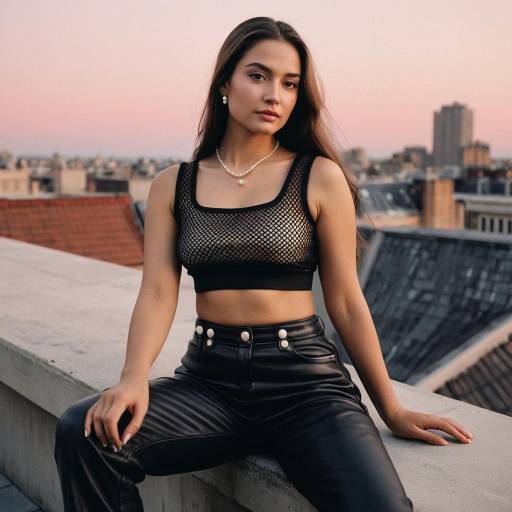 Young woman in black mesh top and leather pants on rooftop