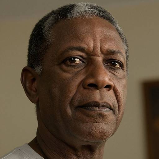Close-up photograph of an older Black man with short gray hair, deep wrinkles, and serious expression, wearing a gray shirt.