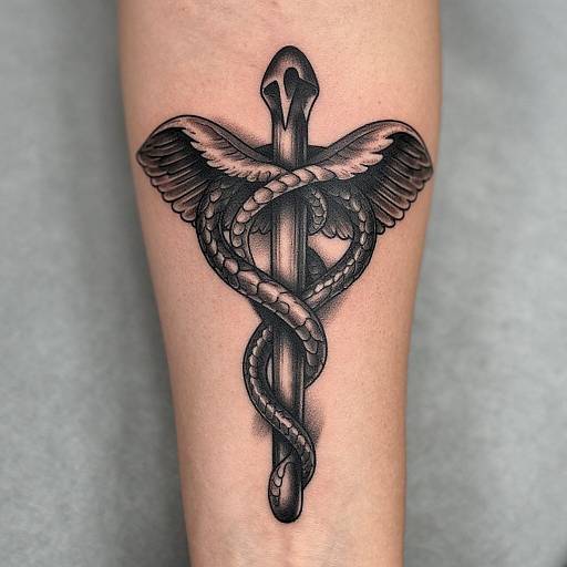 Tattoo of a black snake coiled around a medical caduceus with wings, on light skin, photographed against a gray background.