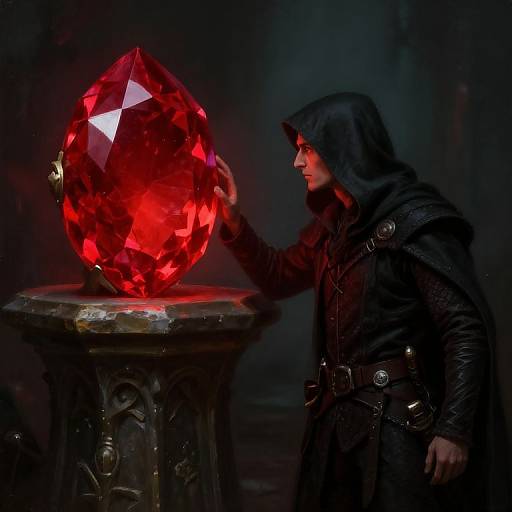 Photograph of a hooded man in dark medieval attire, gazing at a glowing, red, faceted gemstone on a pedestal in a dim