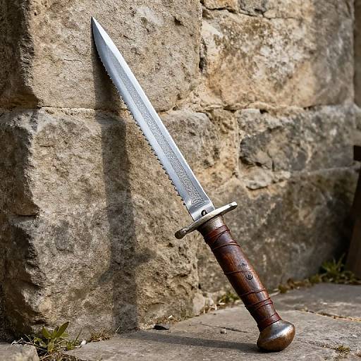 Photograph of a sharp, serrated, silver dagger with a dark wooden handle leaning against a weathered stone wall on a stone pathway.
