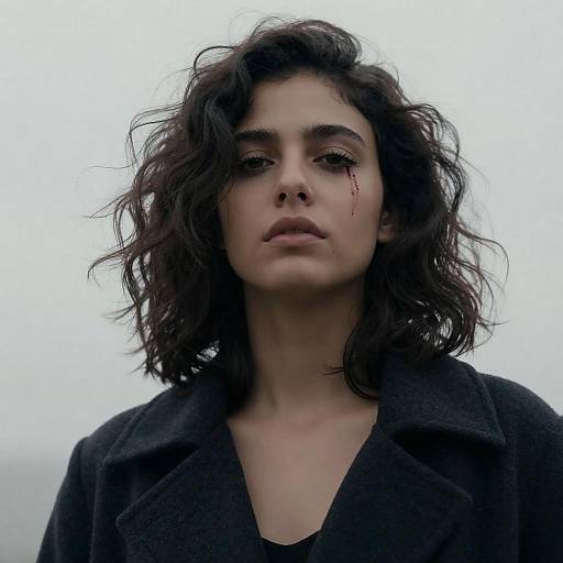 Woman with Dark Curly Hair and Blood on Cheek