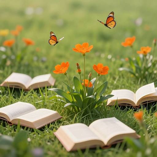 Photograph of vibrant orange flowers, two orange butterflies, and open books scattered on lush green grass in a sunny meadow.