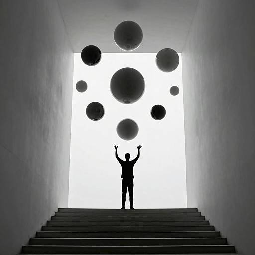 Mystical Figure with Floating Spheres