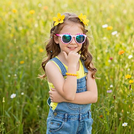 Photograph of a smiling young girl with curly brown hair, yellow flowers in her hair, white sunglasses, blue denim overalls, and yellow shirt,