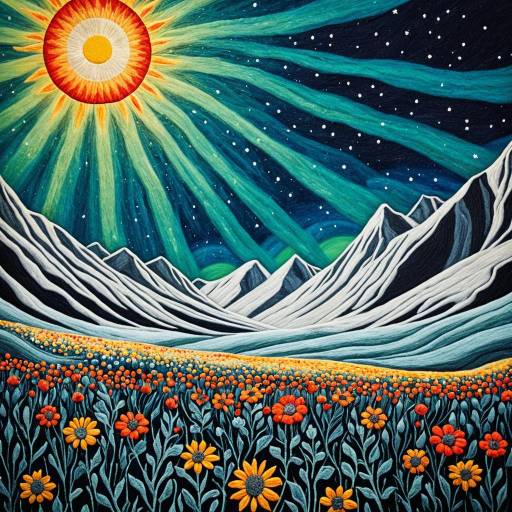 Cosmic Frosted Mountain Landscape with Flowers