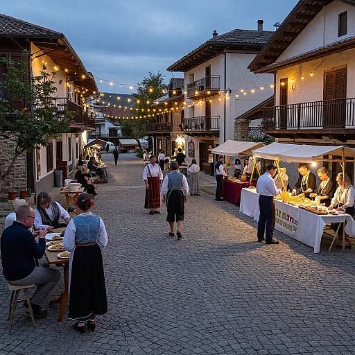Photograph of a cobblestone European street at dusk, with string lights, people dining at tables, and a market stall selling candles.