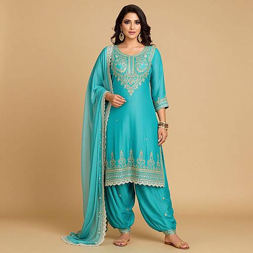 Photograph of a woman with dark curly hair, wearing a vibrant turquoise traditional Pakistani kameez with intricate white embroidery and matching dupatta, standing against