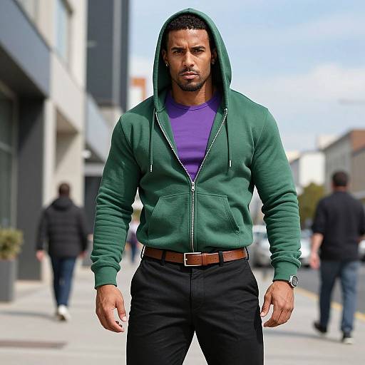 Photograph of a muscular, dark-skinned man with short black hair, wearing a green hoodie, purple shirt, and black pants, standing confidently on