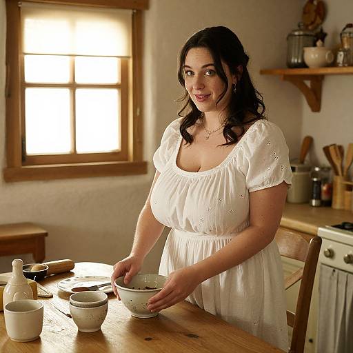 Photograph of a smiling pregnant woman with dark hair, wearing a white embroidered dress, mixing ingredients in a rustic kitchen.