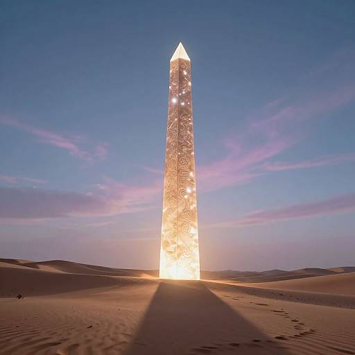 Photograph of a brightly illuminated, intricately carved stone obelisk standing in a desert at sunset, casting long shadows on the sand, with a