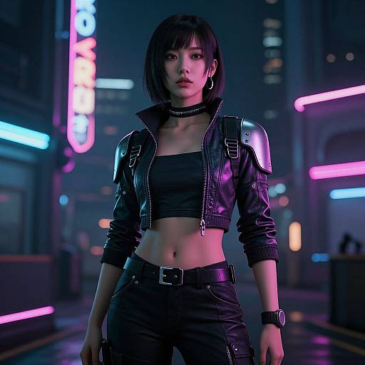 CGI cyberpunk scene: Asian woman with short black hair, black leather jacket, crop top, and pants, standing in neon-lit urban street