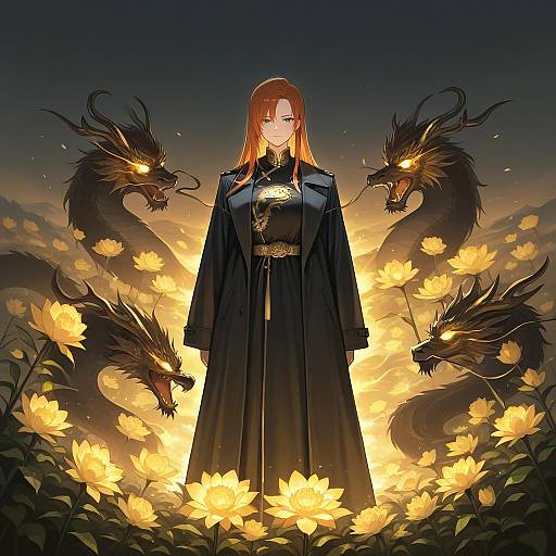 Glowing Monarch Girl Surrounded by Dragons