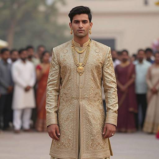 Photograph of a young South Asian man in an ornate, gold embroidered traditional sherwani, standing confidently on a fashion runway with a blurred audience