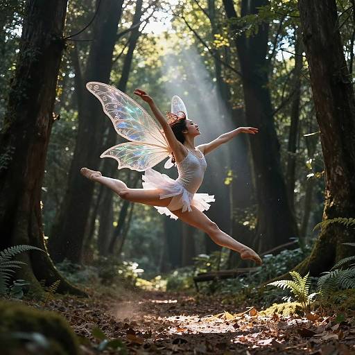Photograph of a fairy-like ballerina with translucent, iridescent wings, leaping mid-air in a sunlit, dense forest, wearing