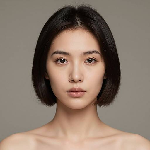 Photograph of a young Asian woman with straight, black, shoulder-length hair, fair skin, and neutral expression, against a plain gray background. She