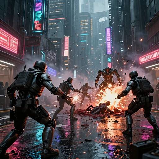 Cyberpunk street battle: armored soldiers firing at a glowing, explosive alien in a neon-lit, rain-soaked city street. Dynamic, action