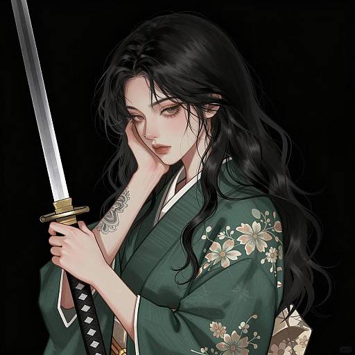 Elegant Samurai Maiden in Dark Kimono