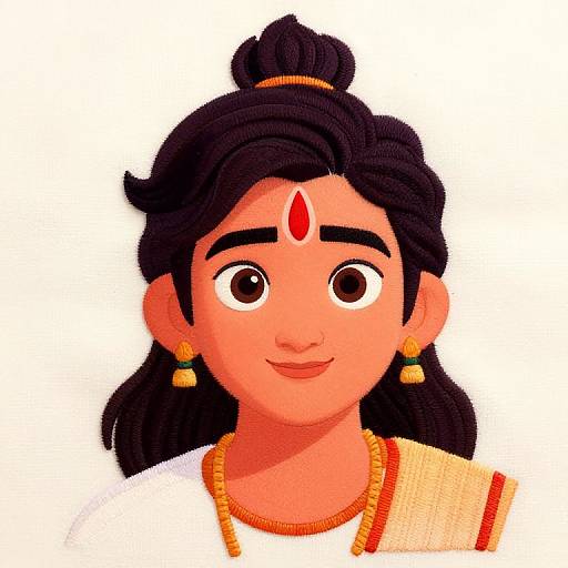Digital illustration of a smiling Indian goddess with black hair in a bun, red bindi, gold earrings, and white sari with orange trim.