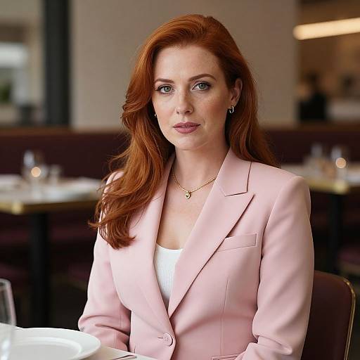 Red-Haired Woman in Pink Business Suit