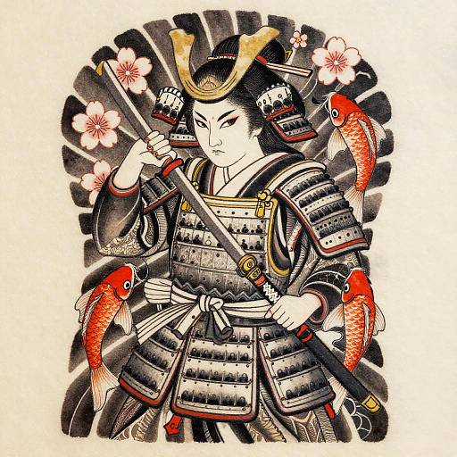Traditional Japanese woodblock print of a samurai woman in armor, holding a spear, surrounded by three vibrant red koi fish and cherry blossoms.