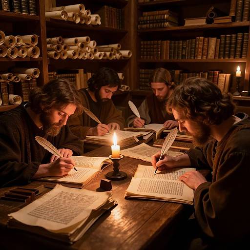 Photograph of four men with dark hair and beards, wearing brown robes, intensely writing in illuminated manuscripts by candlelight in a dimly lit,