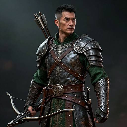 Photograph of a serious, dark-haired male archer in detailed, silver medieval armor with green tunic, quiver on back, holding bow,