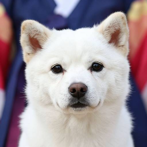 Close-up photograph of a white, fluffy Akita dog with black eyes, standing in front of a blurred background of red and blue.