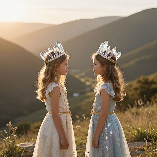 Photograph of two young girls with wavy brown hair, wearing white and blue dresses, and silver tiaras, facing each other in a sunlit