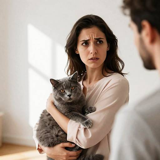 Concerned Woman with Fluffy Gray Cat