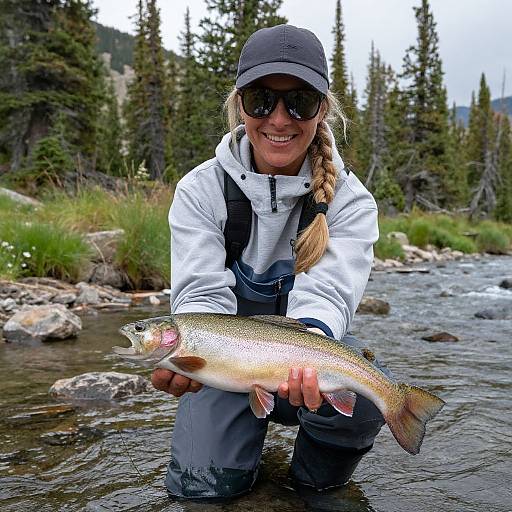 Photograph of smiling woman with braided hair, black cap, sunglasses, white hoodie, and gray waders, holding a rainbow trout in a forest