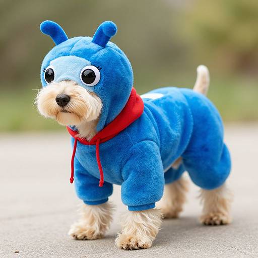 Photograph of a small, white-furred dog wearing a blue, plush dog costume with floppy ears, large black eyes, and a red collar,