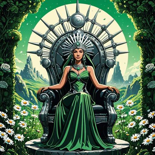 Futuristic Queen on Metallic Throne in Lush Landscape