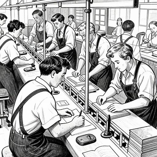 Vintage Assembly Line Bookmaking Illustration