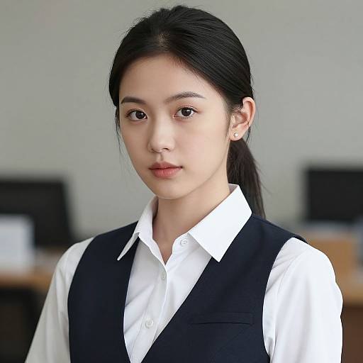 Photograph of a young Asian woman with fair skin, black hair in a ponytail, wearing a white shirt and black vest, standing in a blurred