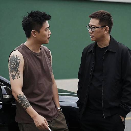 Dynamic Duo Beside a Black Car