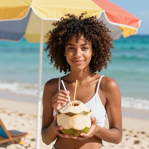 Photograph of a smiling Black woman with curly hair, wearing a white tank top, holding a coconut with a straw on a sunny beach under a colorful