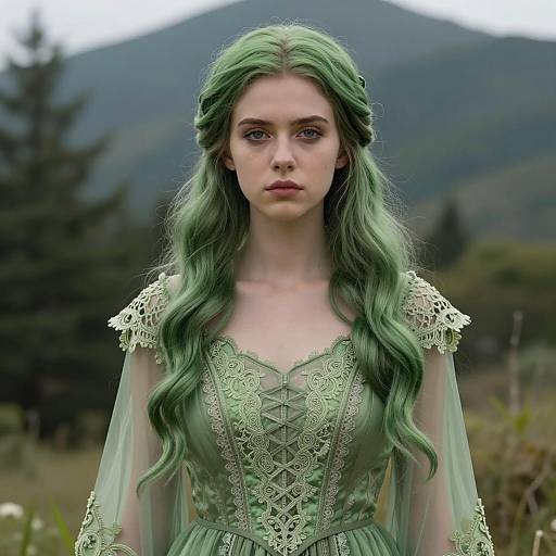 Young Woman in Green Lace Pixie Dress with Green Hair