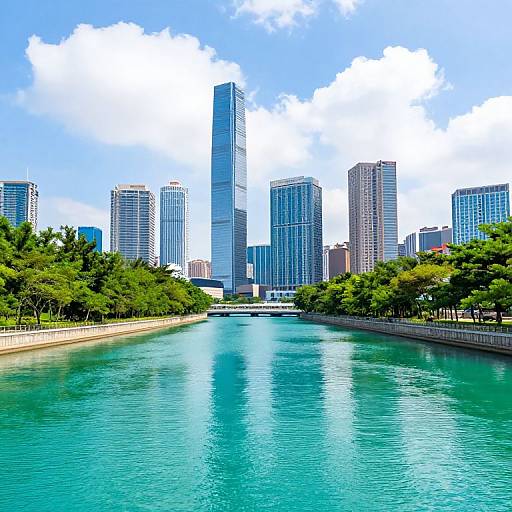 Photograph of a vibrant urban skyline with tall skyscrapers, clear turquoise river, and lush green trees under a bright blue sky.