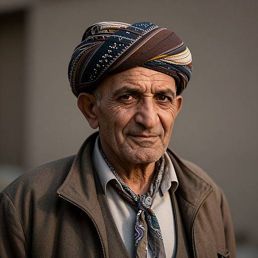 Photograph of an elderly man with weathered skin, wearing a striped turban, patterned necktie, and brown jacket, smiling subtly against a