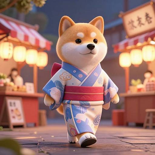 CGI image of an adorable Shiba Inu dog in a blue floral kimono with a red obi, walking at a nighttime Japanese street festival