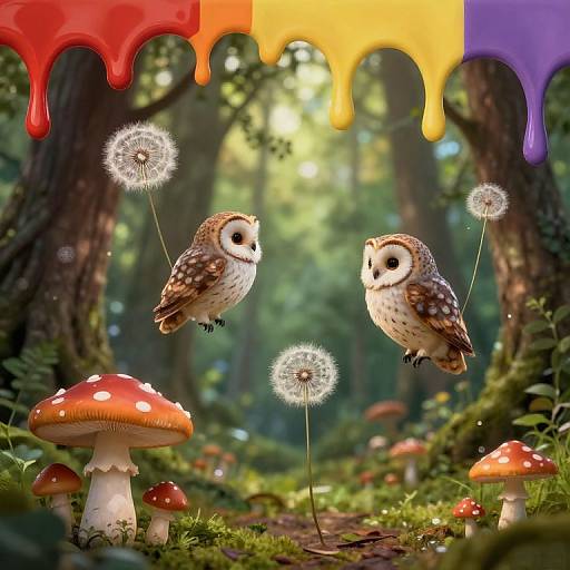 Whimsical forest scene with two floating owls, dandelions, and red mushrooms; vibrant colors and sunlight filtering through trees, with dripping paint