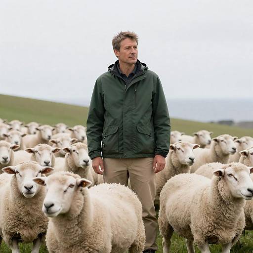 Man Among Cream Sheep on Coastal Hill