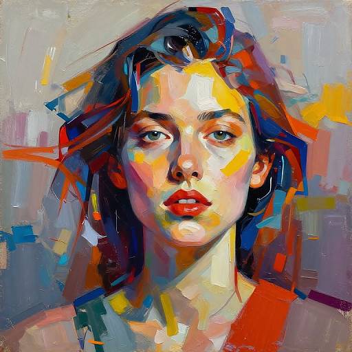 Digital painting of a young woman with intense gaze, colorful abstract brushstrokes, vibrant red lips, blue and orange highlights, and a blurred background.