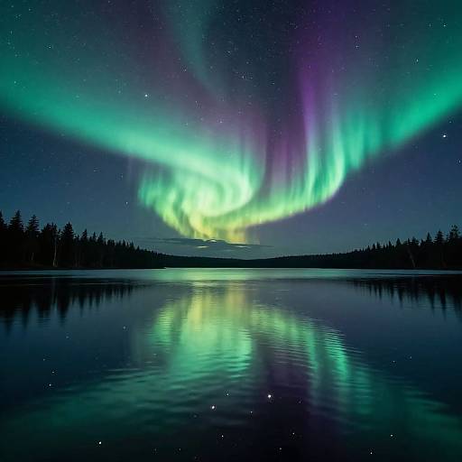 Photograph of vivid Northern Lights reflecting on a calm, starry lake, surrounded by a dark, silhouetted forest under a night sky.
