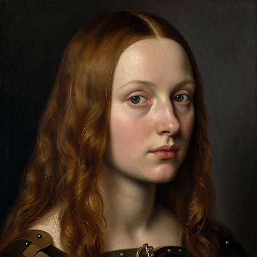 Digital portrait of a pale-skinned, red-haired woman with blue eyes, subtle freckles, and a neutral expression, set against a dark background